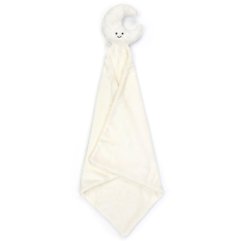 White moon soother with the attached blanket displayed unrolled below it on a white background