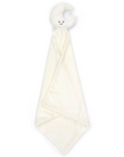 White moon soother with the attached blanket displayed unrolled below it on a white background