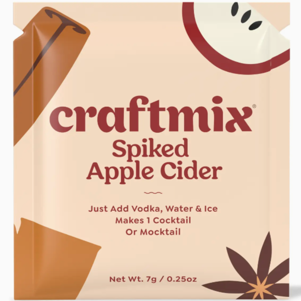 Craftmix Spiked Apple Cider Flavor Mix, printed on brown packet with apples and cinnamon on the packing as well. Directions on how to make it.