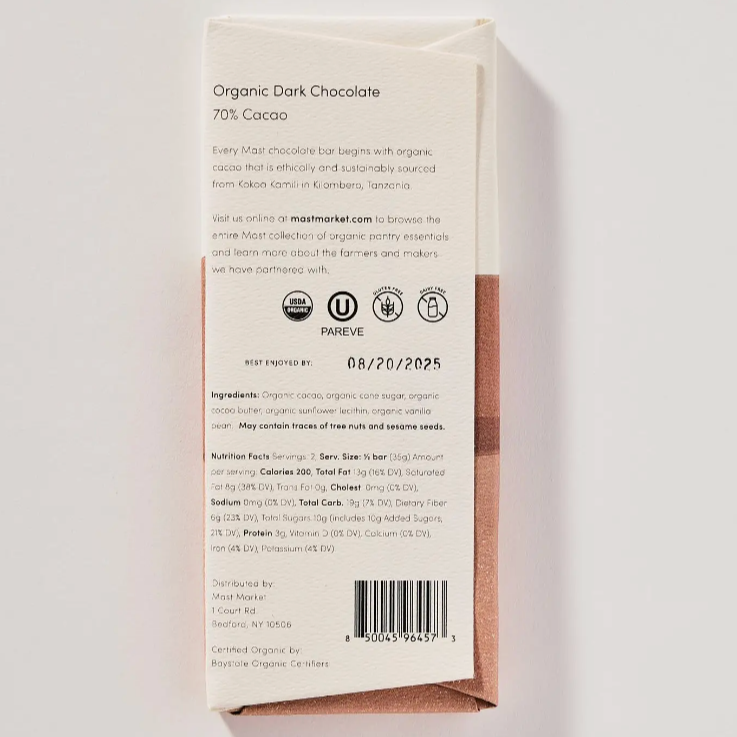 The back of the chocolate bar that lists the ingredients and nutrition facts on a white background