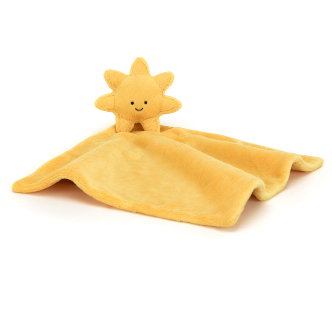 yellow sunshine blanket with smiley face on it behind white background