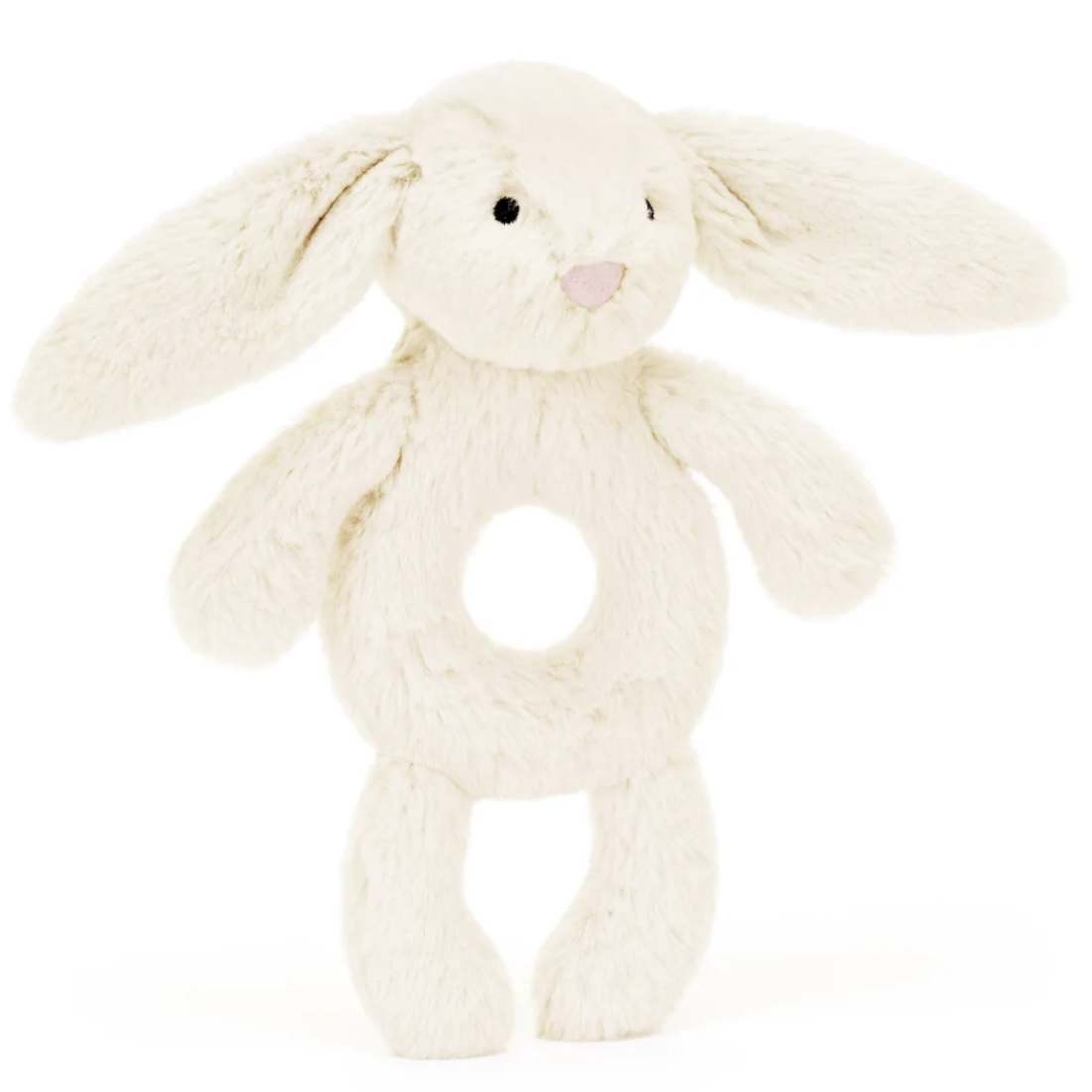 cream off white bunny stuffed animal rattle with hole in the middle behind white background 