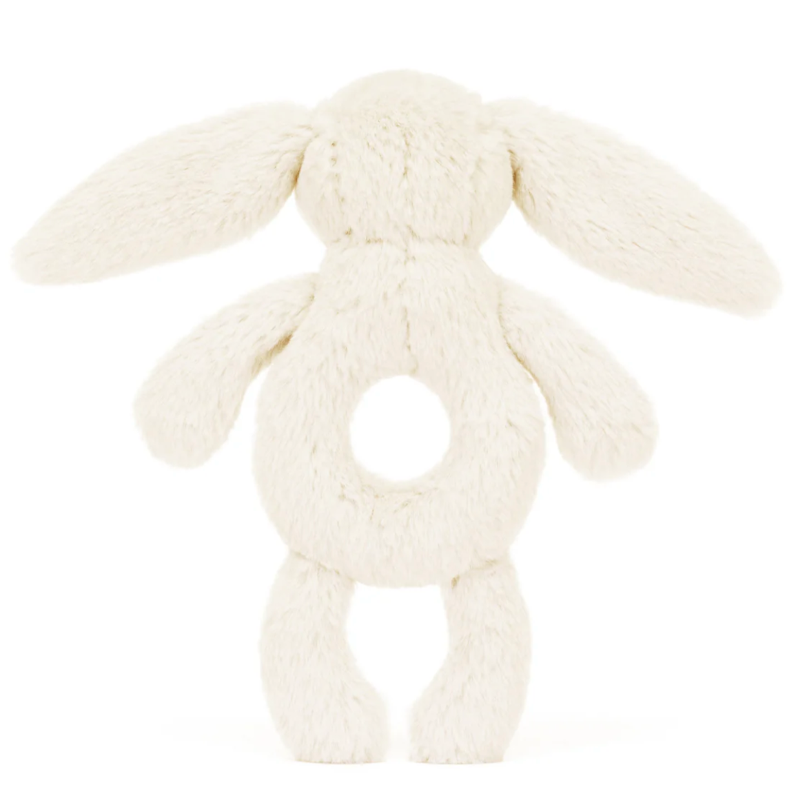 cream-colored bunny facing background with toy soft, fluffy fur. The body features a circular opening in the middle, giving it a ring-like structure