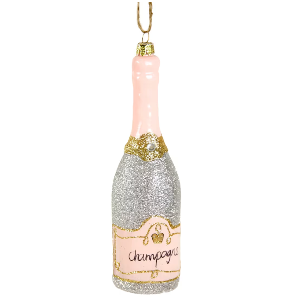 pink gold and metallic silver champagne bottle christmas ornament behind white background 