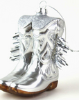 metallic glass cowboy boot ornament with brown bottoms on white background 