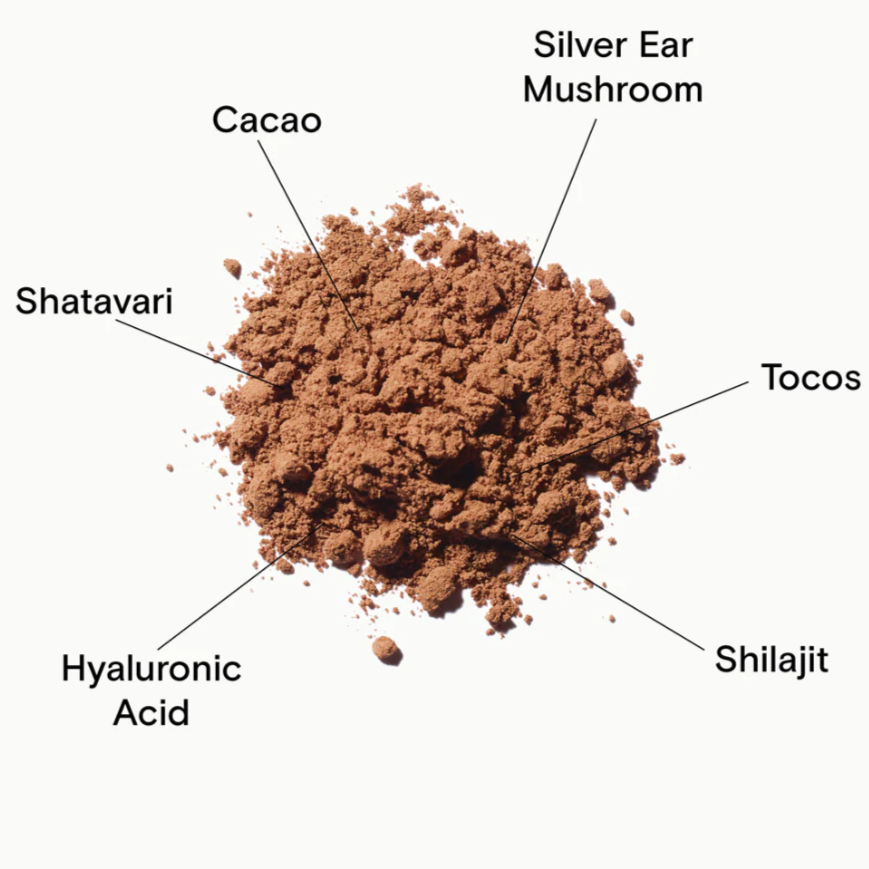 loose cocoa powder in the middle with ingredients labeled around it in black font behind white background: silver ear mushroom, cacao, shatavari, tocos, hyaluronic acid and shilajit 