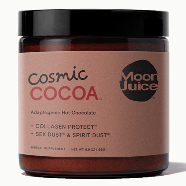 6.9 oz container of moon juice cosmic cocoa adaptogenic hot chocolate behind white background 