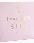 lavender & lime musee 6 oz light lavender packaging behind white background. 