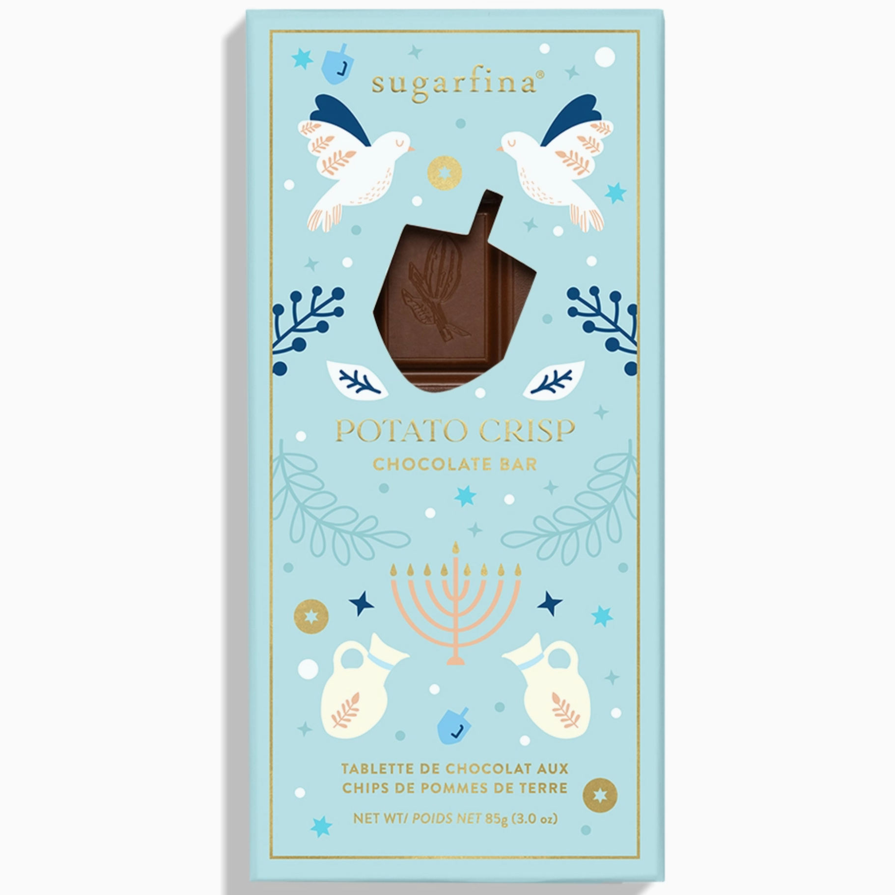 light blue sugarfina chocolate bar with hannukkah decorations with driedel shape on the front and menorah chocolate is visible in the middle on white background 