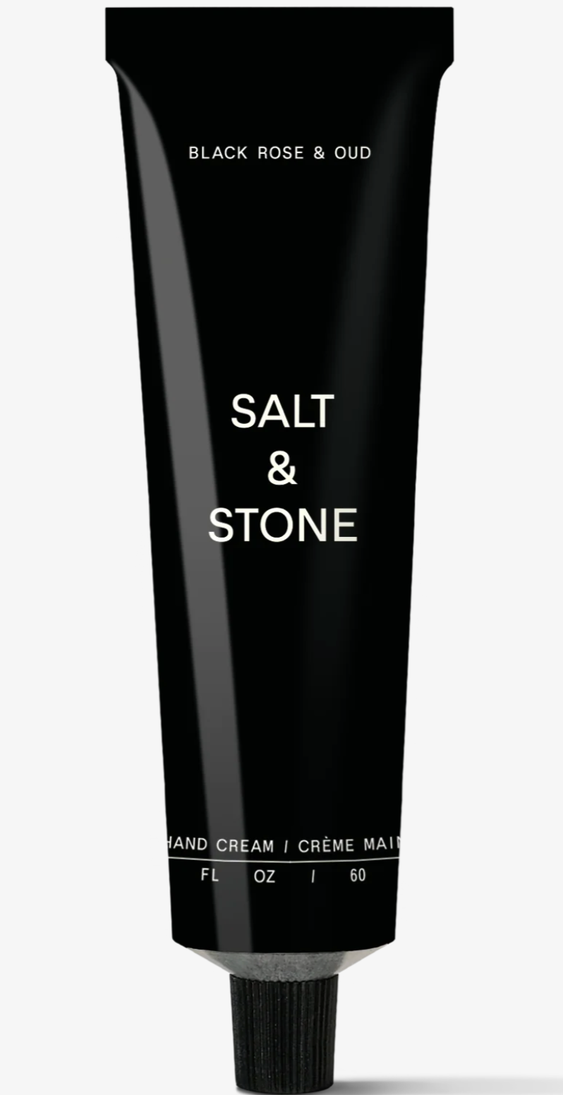 BLACK SALT AND STONE HAND CREAM WITH WHITE WRITING- BLACK ROSE AND OUD