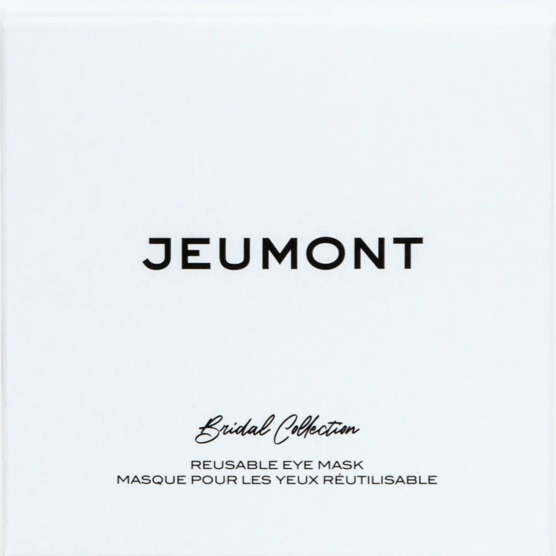 plain white box that reads JEUMONT in black text bridal collection in black script reusable eye mask in black text