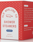 
The image shows a red box labeled "Old Whaling Co. Shower Steamers" with a scent named "Seaberry." The design features small white droplets scattered across the red background and a whale icon in the brand logo. The front of the box mentions that it contains a "Set of 4" steamers with a net weight of 12 oz.

On the side of the box, there are instructions that recommend placing a shower steamer on the floor of the shower, away from the direct stream of water, to release the fragrance. A caution advises agai