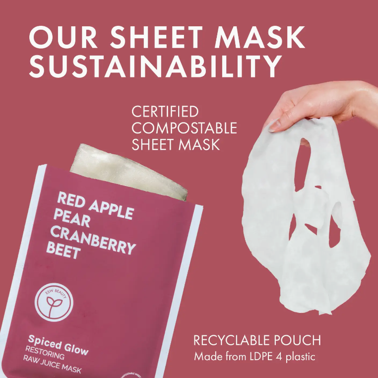 CERTIFIED COMPOSTABLE SHEET MASK- LISTS THE NOTES AS BEFORE, RECYCLABLE POUCH. RED MASK AND RED BACKGROUND WITH WHITE WRITING.