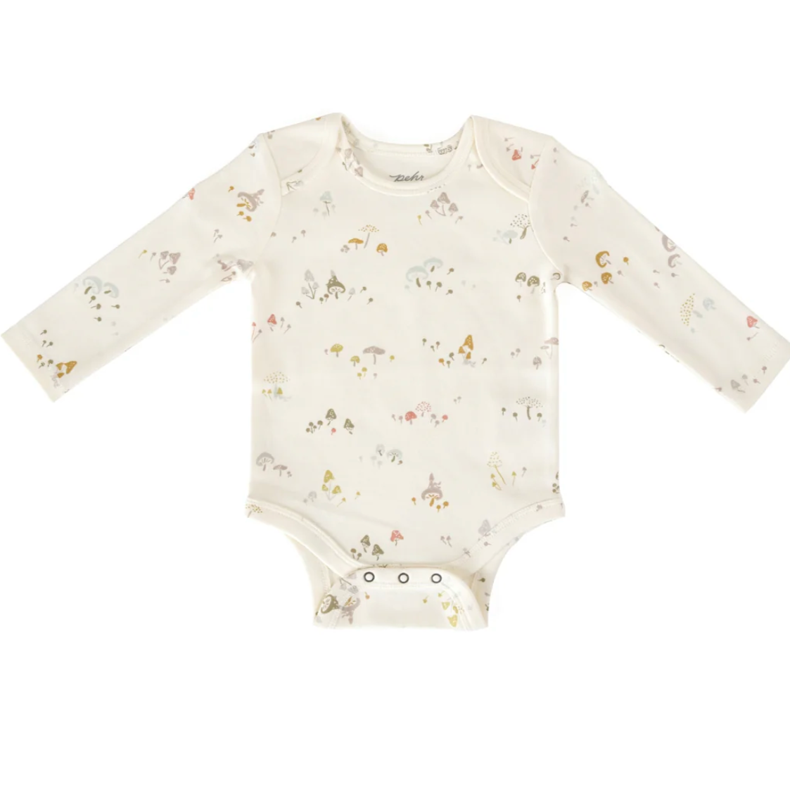 A cream-colored long-sleeve baby bodysuit with a forest-themed print featuring mushrooms and small woodland elements, displayed flat on a white background. The bodysuit has snap closures at the bottom for easy diaper changes.