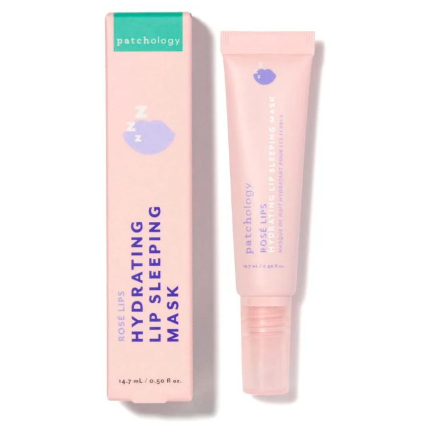 The same pink tube of Patchology's "Rose Lips" Hydrating Lip Sleeping Mask next to its matching packaging box. The box is pink with green accents at the top and displays the product name in large purple letters.