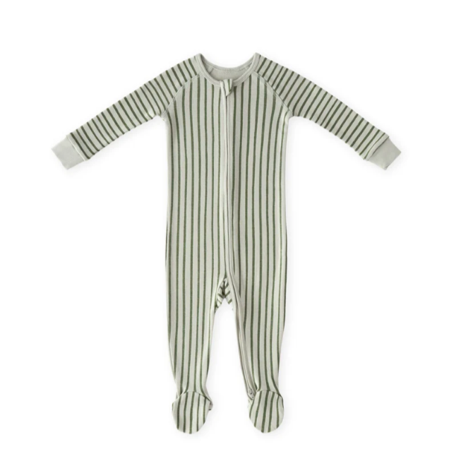 The image shows a baby onesie or footed sleeper with a full-body design. It features long sleeves, enclosed feet, and a front zipper that runs from the neckline down to one leg. The fabric has thin vertical stripes in a light green or sage tone alternating with a lighter background, possibly white or cream. The cuffs at the wrists are in solid light-colored fabric, matching the trim around the neckline.
