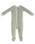 The image shows a baby onesie or footed sleeper with a full-body design. It features long sleeves, enclosed feet, and a front zipper that runs from the neckline down to one leg. The fabric has thin vertical stripes in a light green or sage tone alternating with a lighter background, possibly white or cream. The cuffs at the wrists are in solid light-colored fabric, matching the trim around the neckline.
