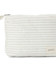 A soft, zippered pouch with light gray and white horizontal stripes, featuring subtle stitched accents. The pouch, labeled with a small "pehr" tag on the lower right corner, has a simple bow knot detail on the zipper pull, giving it a charming and minimalist design.