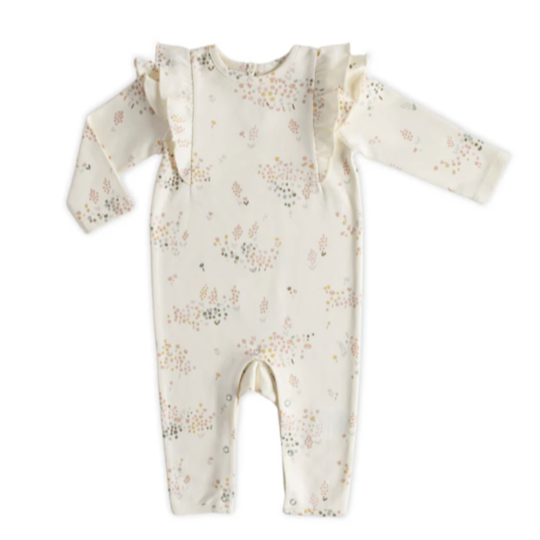 A baby romper with a soft, cream-colored base featuring a delicate floral print in pastel shades of pink, yellow, and green. The romper has long sleeves and charming ruffle details running from the shoulders down to the chest. It includes snap closures along the inner legs for easy diaper changes. The overall design is light, elegant, and perfect for a cozy yet stylish outfit for babies.






