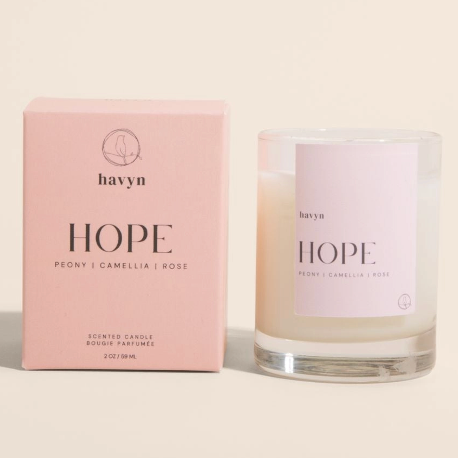  The first image showcases a candle product labeled "Hope" from the brand Havyn, with notes of peony, camellia, and rose