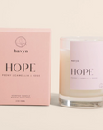  The first image showcases a candle product labeled "Hope" from the brand Havyn, with notes of peony, camellia, and rose