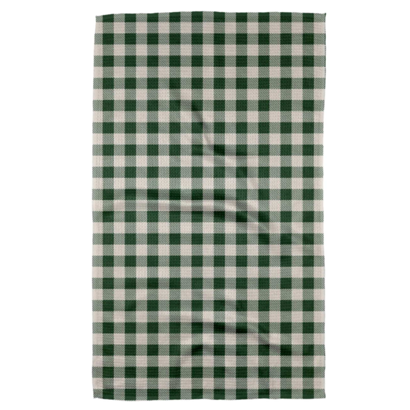 The image shows a tea towel with a classic checkered pattern in dark green and white. The pattern consists of evenly spaced squares in alternating colors, creating a grid-like design that gives a traditional, rustic appearance. The fabric has a slight texture and appears to be laid flat, with a few subtle creases.






