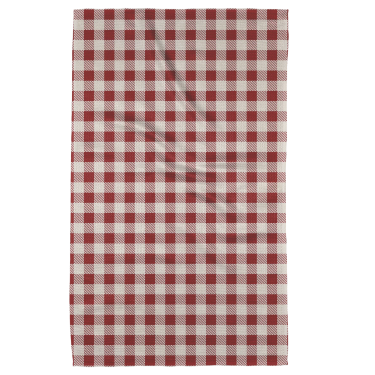 The image shows a tea towel with a classic checkered pattern in dark red and white. The pattern consists of evenly spaced squares in alternating colors, creating a grid-like design that gives a traditional, rustic appearance. The fabric has a slight texture and appears to be laid flat, with a few subtle creases.