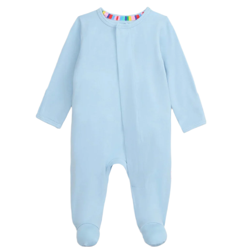 The image shows a light blue baby onesie with long sleeves and footed legs, designed for full body coverage. The neckline has a subtle trim featuring colorful, thin stripes in shades of blue, green, yellow, red, and pink. The onesie has a minimalist look with a concealed zipper or closure on the front and a small red tag on the side. It appears soft and cozy, ideal for keeping a baby warm and comfortable.