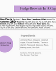 Nutritional facts & ingredients for fudge brownie in a cup.