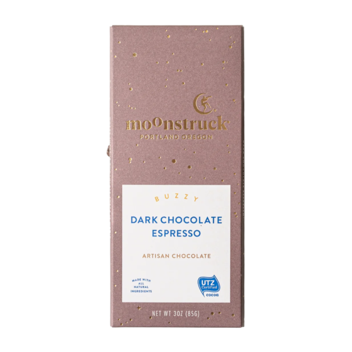 A bar of "Moonstruck" artisan chocolate, labeled as "Dark Chocolate Espresso," is placed in the center of the image. The packaging is a rich brown with gold detailing and branding from Portland, Oregon. Coffee beans are artistically scattered around the chocolate bar on a white background, enhancing the espresso theme.