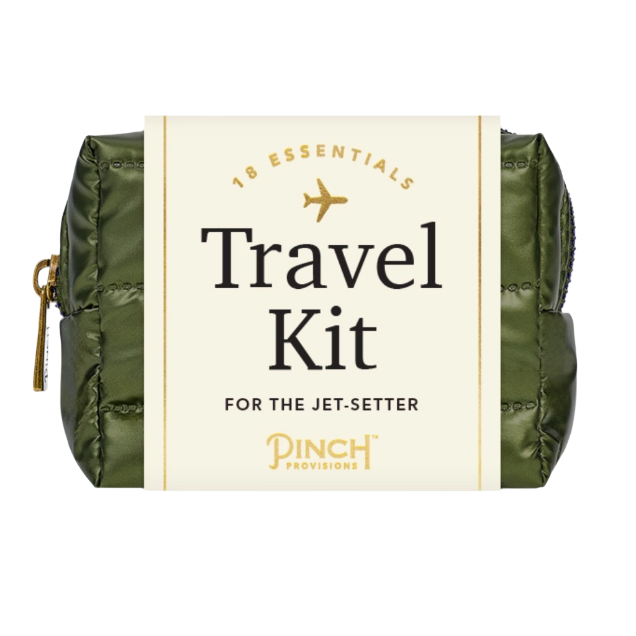 Close-up of a green travel kit labeled '18 Essentials - Travel Kit for the Jet-Setter - Pinch Provisions,' showing a detailed view of the product with its olive green quilted material and gold zipper pull.