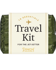 Close-up of a green travel kit labeled '18 Essentials - Travel Kit for the Jet-Setter - Pinch Provisions,' showing a detailed view of the product with its olive green quilted material and gold zipper pull.