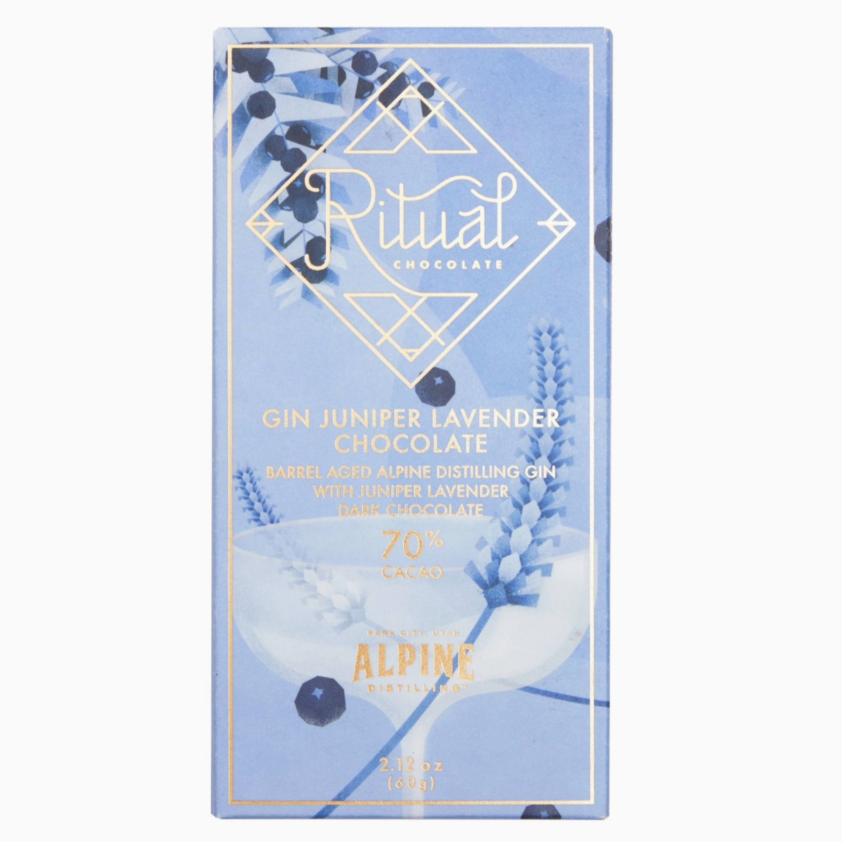 Front view of a chocolate bar packaging from Ritual Chocolate with a lavender and juniper theme. The label reads 'Gin Juniper Lavender Chocolate - Barrel Aged Alpine Distilling Gin with Juniper Lavender - Dark Chocolate - 70% Cacao.' The design includes illustrations of lavender sprigs, juniper berries, and elegant gold accents