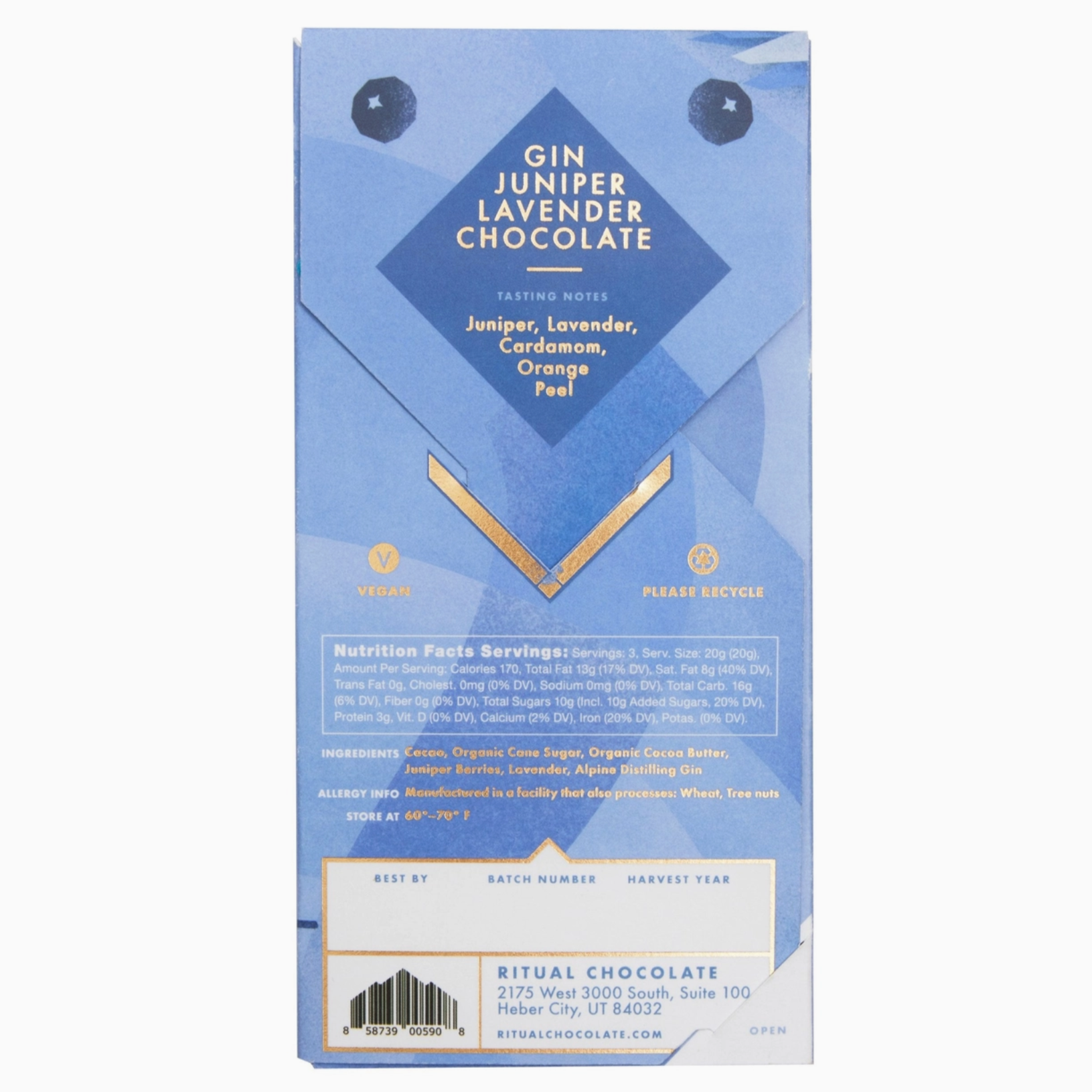 Back view of the Ritual Chocolate Gin Juniper Lavender Chocolate packaging. The label highlights tasting notes of 'Juniper, Lavender, Cardamom, Orange Peel.' It also lists the ingredients, nutritional facts, and product information, including that it is vegan and manufactured in Park City, Utah, with a blue and gold design featuring botanical illustrations