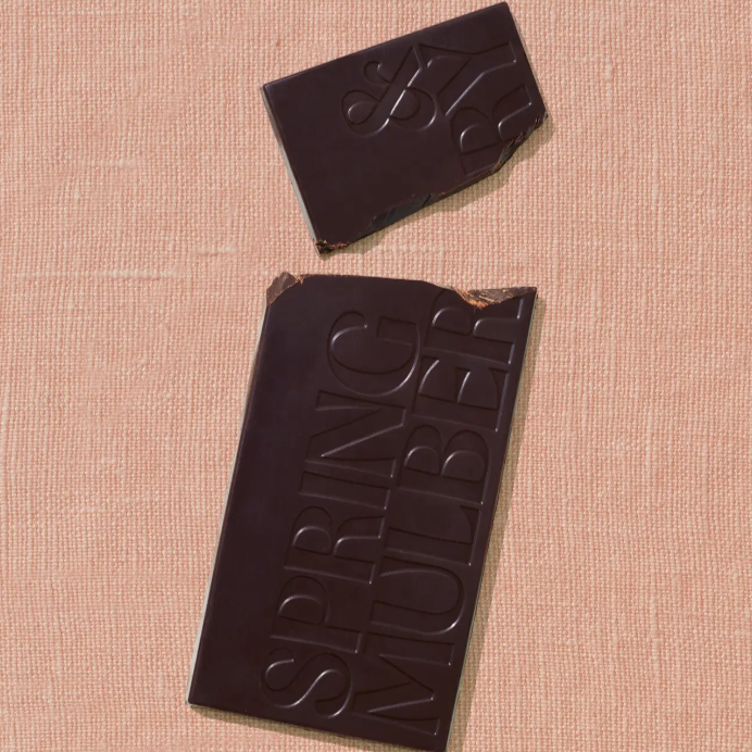 BROWN CHOCOLATE BAR WITH SPRING AND MULBERRY WRITTEN ON IT