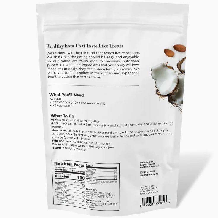 BACK OF PACKAGING- WHITE WITH BLACK LETTERING. "HEALTHY EATS THAT TASTE LIKE TREATS." WITH INSTRUCTIONS ON HOW TO USE AND NUTRITION FACTS