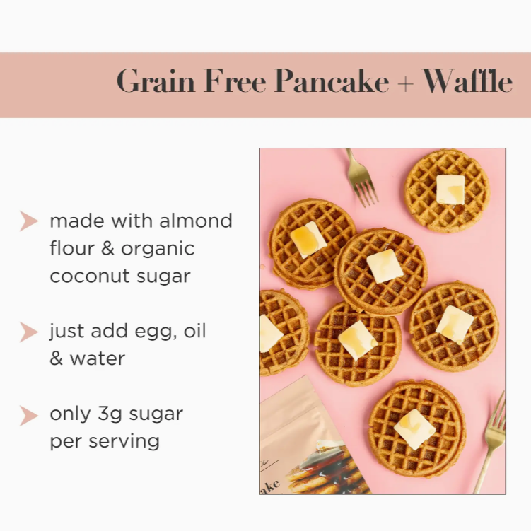 MADE WITH ALMOND FLOUR AND ORGANIC COCONUT SUGAR, JUST ADD EGG OIL AND WATER, ONLY 3G OF SUGAR PER SERVING, PICTURE OF WAFFLES