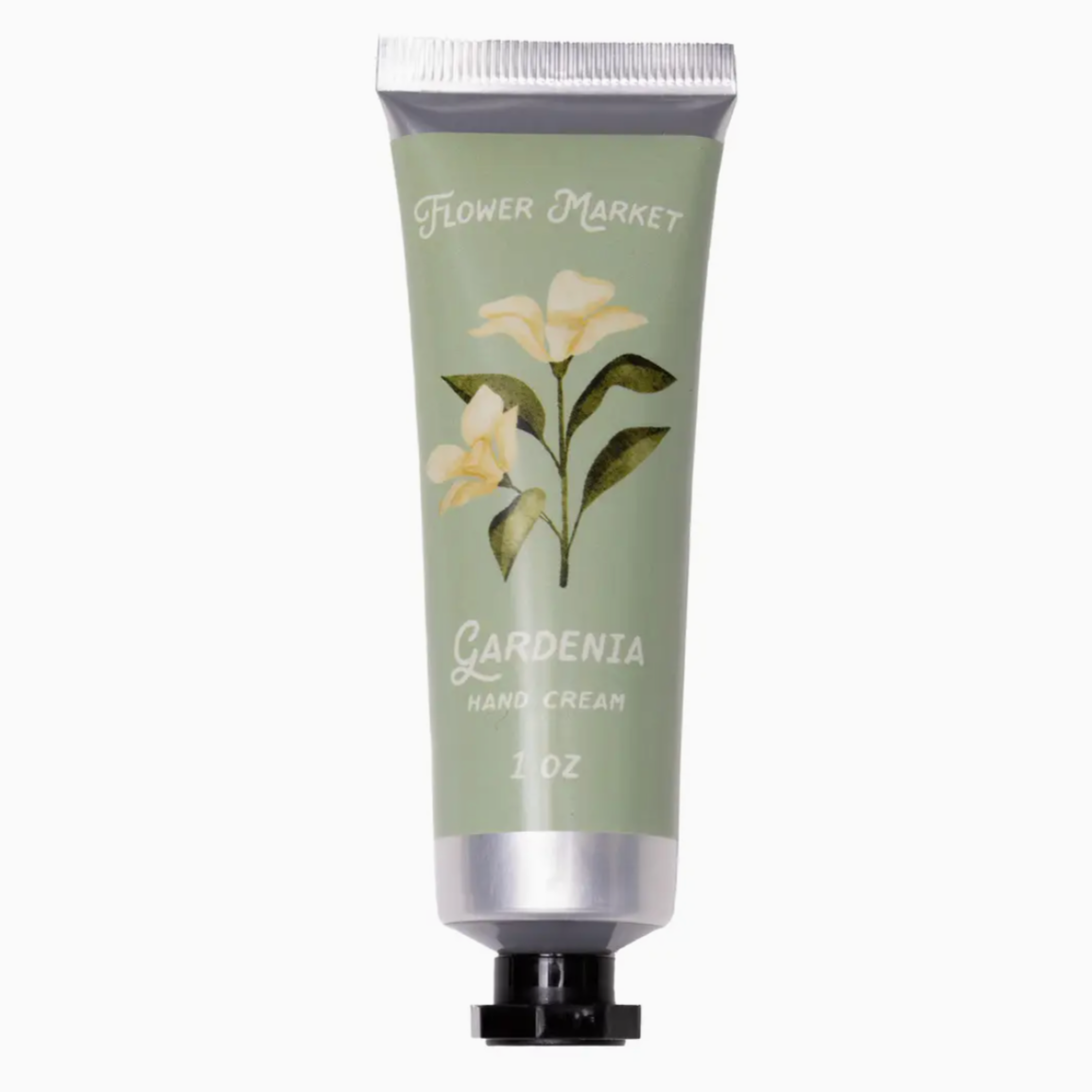 FLOWER MARKET- GARDENIA HAND CREAM 1 OZ WITH YELLOW FLOWER ON GREEN PACKAGE