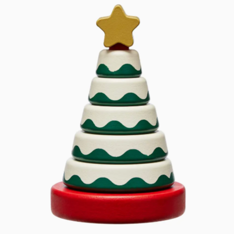 CHRISTMAS TREE STACK TOY THAT'S GREEN AND WHITE WITH A RED BOTTOM AND YELLOW STAR