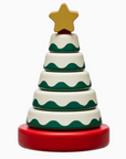 CHRISTMAS TREE STACK TOY THAT'S GREEN AND WHITE WITH A RED BOTTOM AND YELLOW STAR