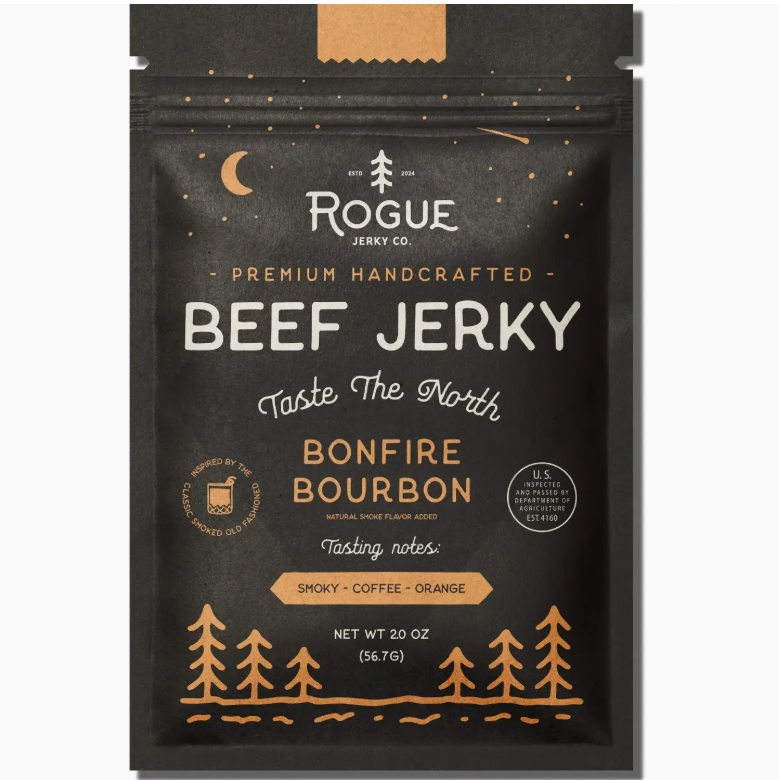 ROGUE JERKY CO. BEEF JERKY TASTE THE NORTH BONFIRE BOURBON, TASTING NOTES- SMOKY, COFFEE, ORANGE. BLACK PACKAGING AND ORANGE/WHITE WRITING