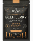 ROGUE JERKY CO. BEEF JERKY TASTE THE NORTH BONFIRE BOURBON, TASTING NOTES- SMOKY, COFFEE, ORANGE. BLACK PACKAGING AND ORANGE/WHITE WRITING