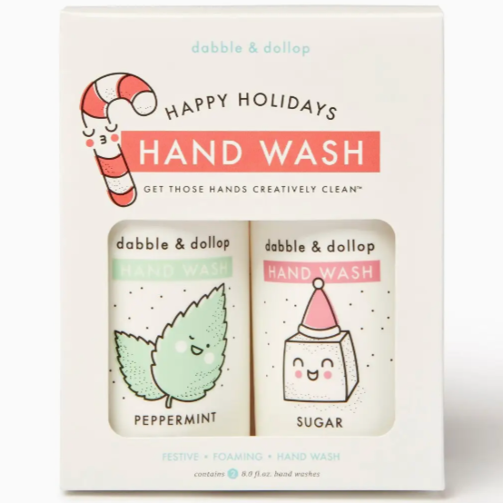 HAPPY HOLIDAYS HAND WASH WHITE PACKAGE WITH PEPPERMINT AND SUGAR SCENT. GREEN AND RED