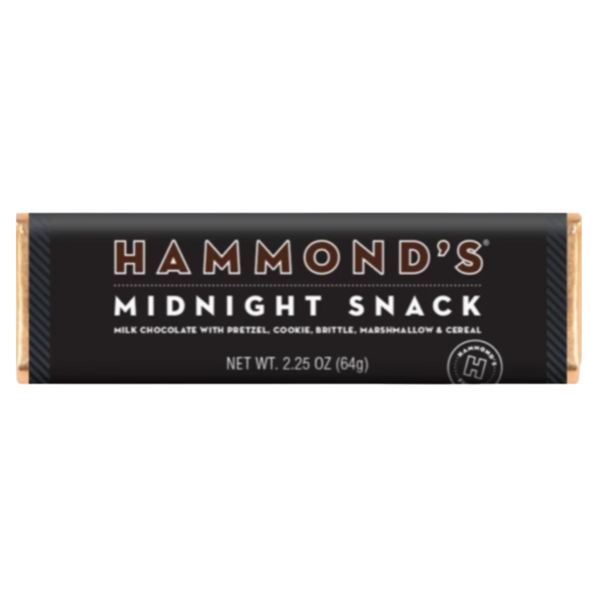 Midnight Snack Milk Chocolate Candy Bar 2.25oz by HAMMOND'S on white background. Packaging is black, brown, white & gold. 
