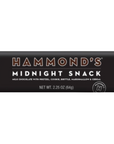 Midnight Snack Milk Chocolate Candy Bar 2.25oz by HAMMOND'S on white background. Packaging is black, brown, white & gold. 
