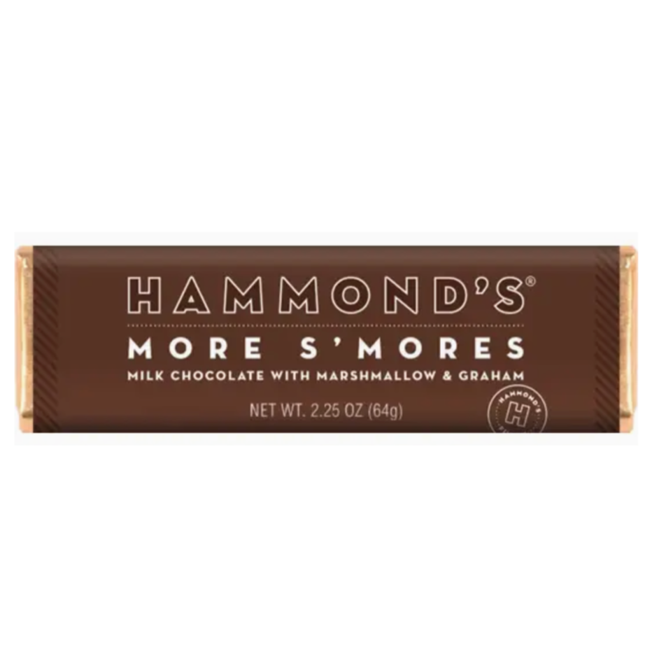 Hammonds More S'mores Milk Chocolate Candy Bar 2.25oz on white background, packaging is BROWN, BLACK, WHITE & GOLD.