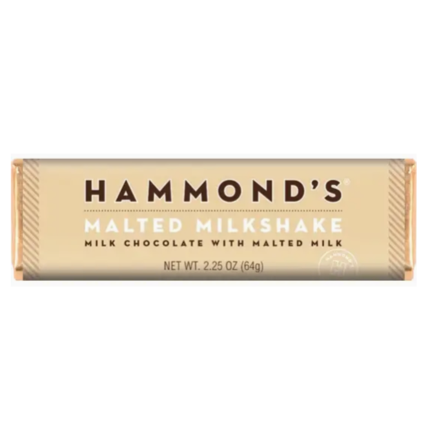 Packaging for a product labeled Hammond's Malted Milkshake Chocolate bar. The details include:

Description: "Milk Chocolate with Malted Milk."
Net Weight: 2.25 oz (64g).