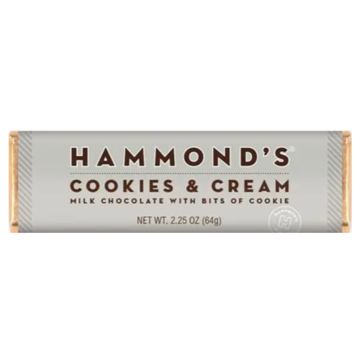 Cookies & Creme Chocolate Bar by Hammonds - 2.25oz - packaging is gray, gold, brown and white, behind white background. 