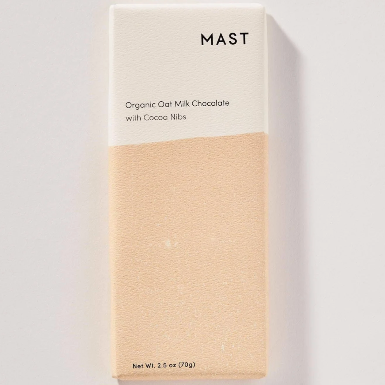 MAST CHOCOLATE BAR WITH ORGANIX OAT MILK CHOCOLATE WITH COCOA NIBS, WHITE AND BROWN PACKAGE