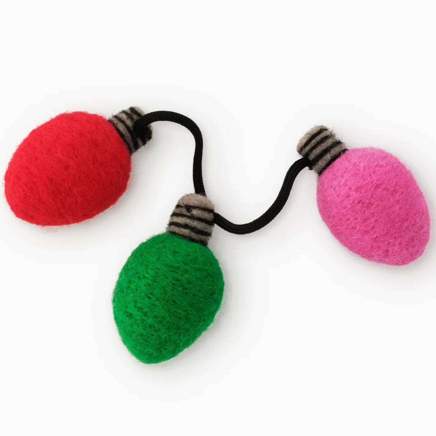 RED, GREEN AND PINK LIGHT BLUB CAT TOY STRUNG TOGETHER WITH BLACK STRING